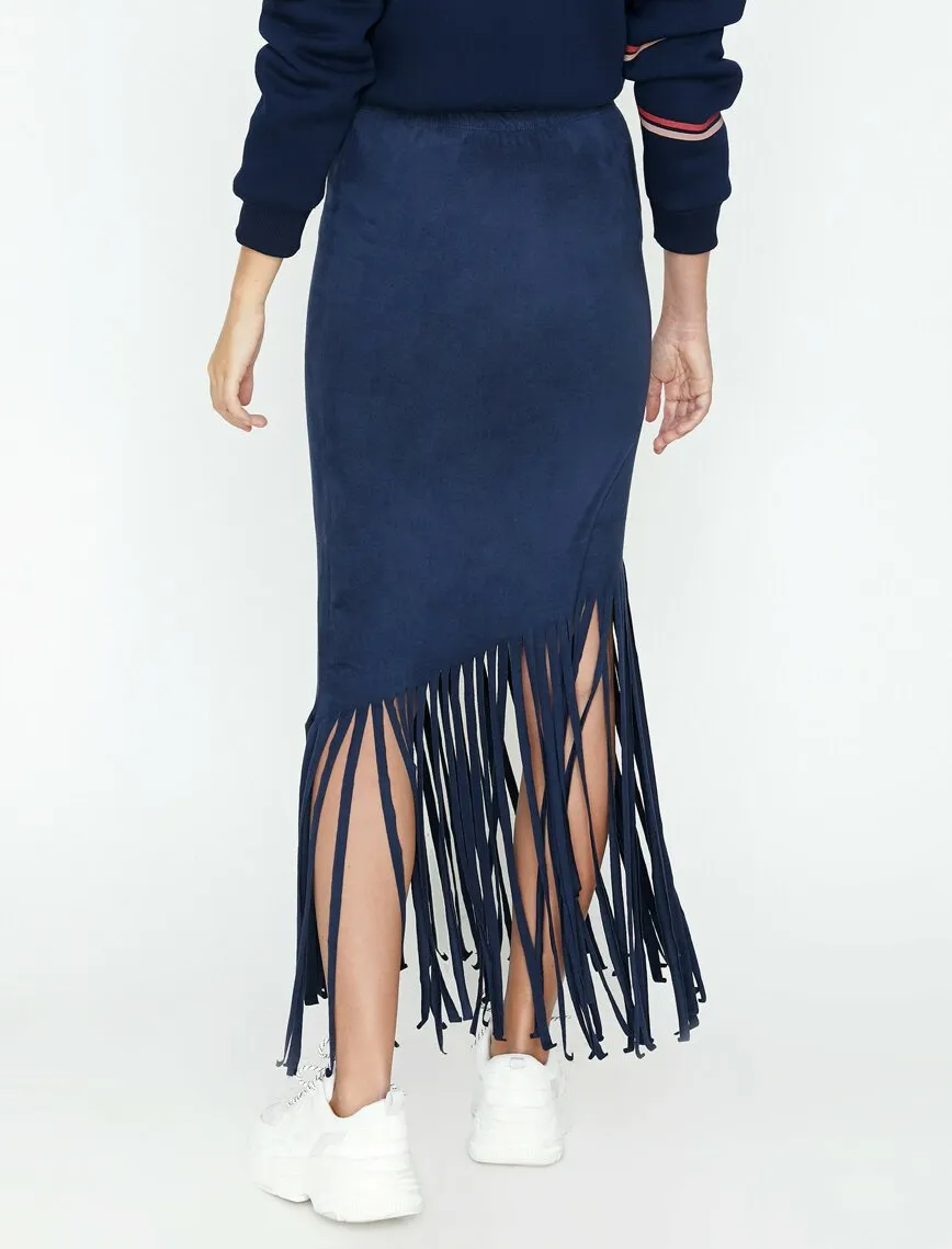 11856 Navy Tassel Detailed Midi Skirt