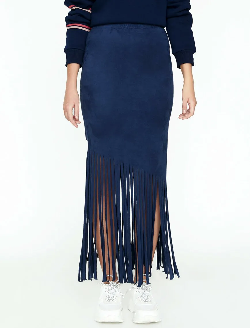 11856 Navy Tassel Detailed Midi Skirt