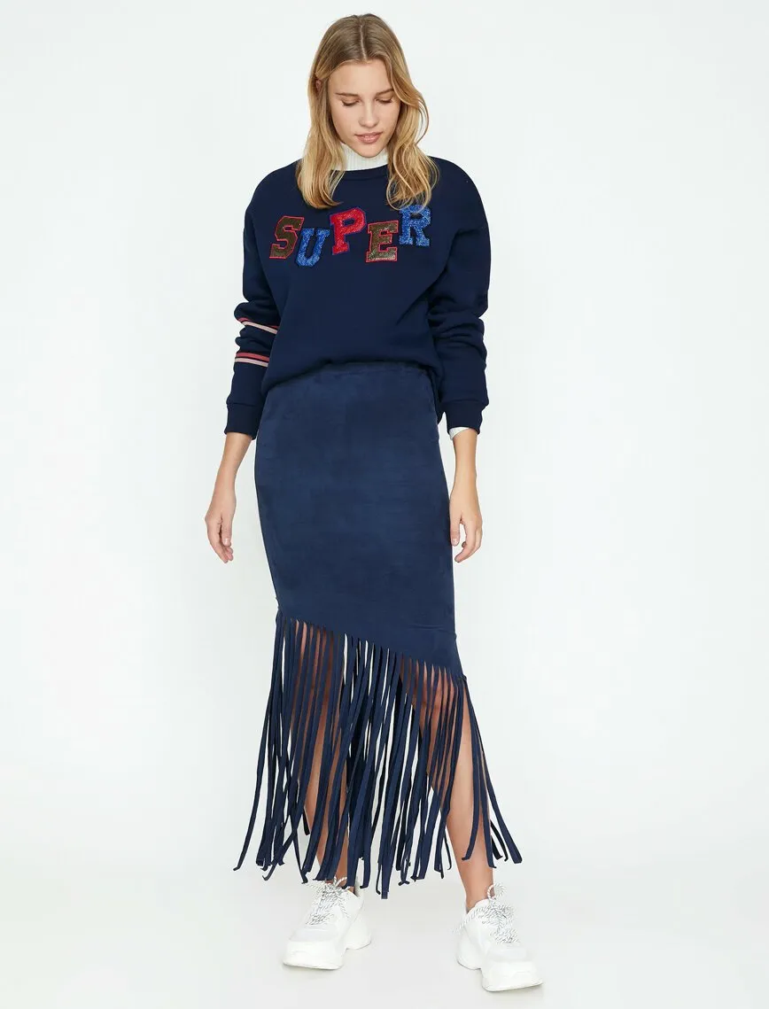 11856 Navy Tassel Detailed Midi Skirt