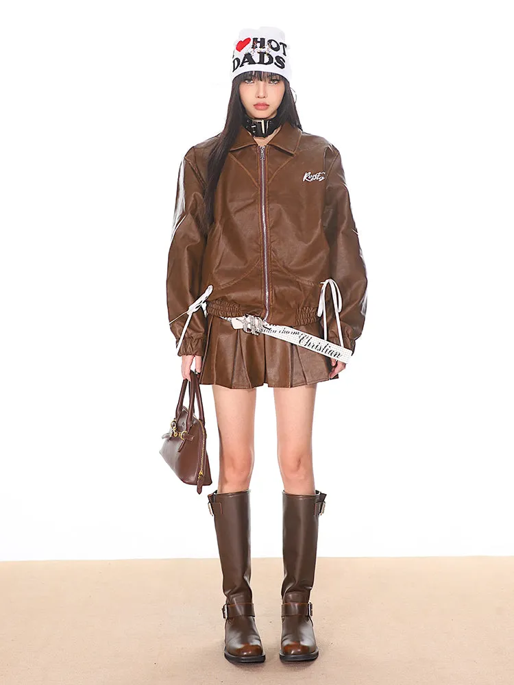 【24s Oct.】Niche Retro Bow Lapel Leather Jacket   Leather Skirt