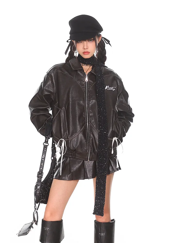 【24s Oct.】Niche Retro Bow Lapel Leather Jacket   Leather Skirt