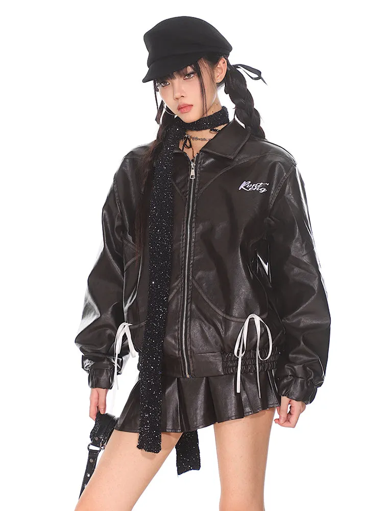【24s Oct.】Niche Retro Bow Lapel Leather Jacket   Leather Skirt