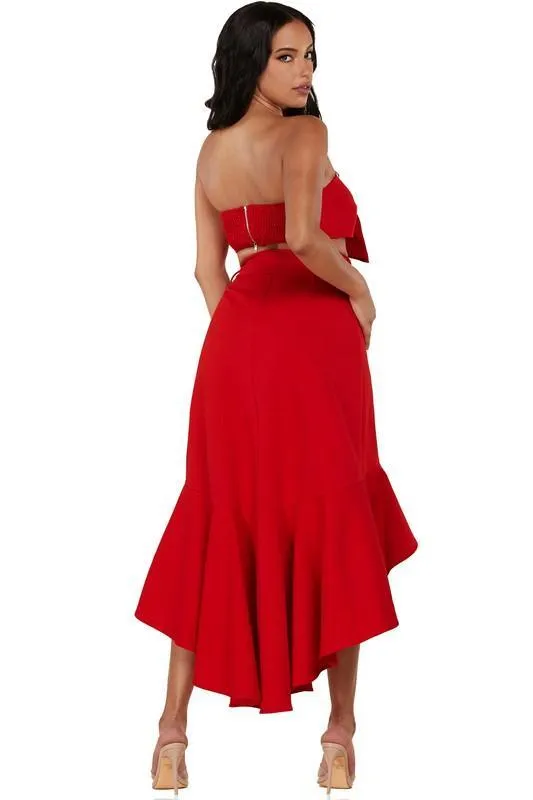A red monochromatic 2 PC SET Bandeau top & ruffle detail wrap mid