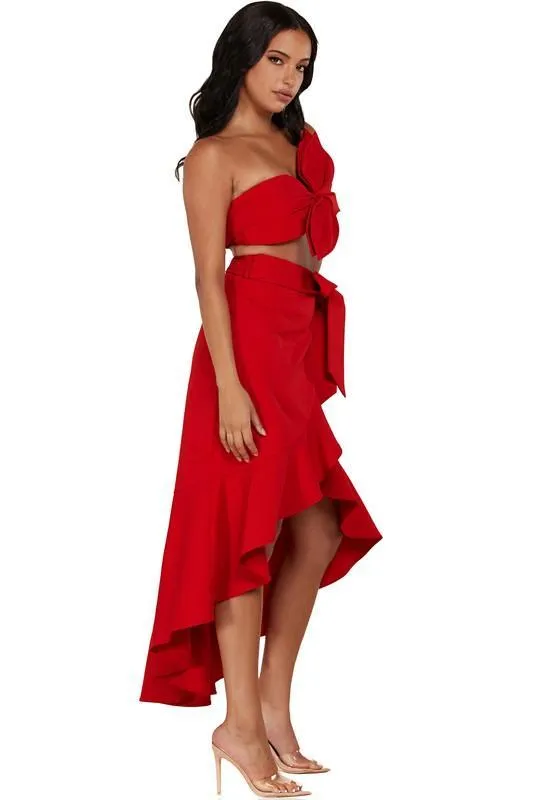 A red monochromatic 2 PC SET Bandeau top & ruffle detail wrap mid