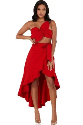 A red monochromatic 2 PC SET Bandeau top & ruffle detail wrap mid