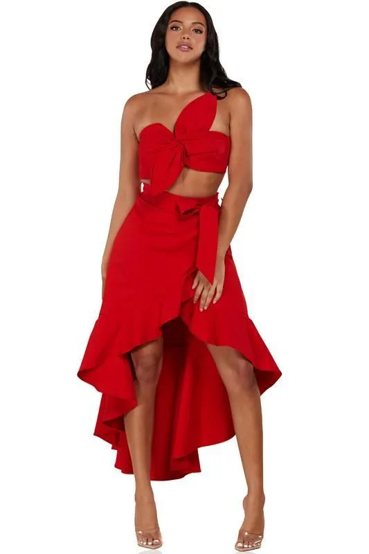 A red monochromatic 2 PC SET Bandeau top & ruffle detail wrap mid