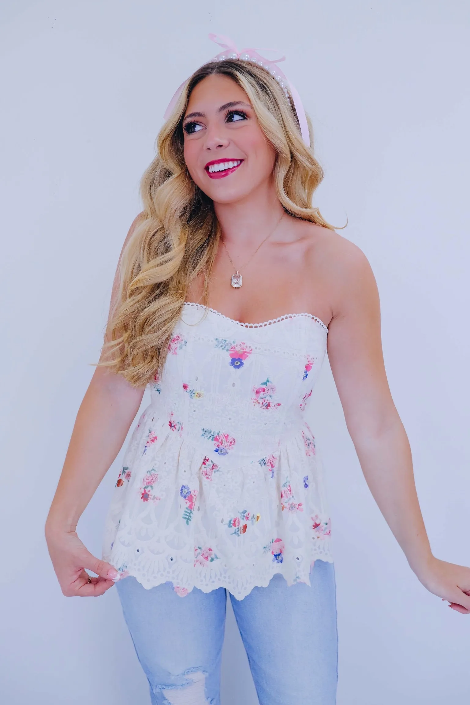Adela Embroidered Strapless Top - Pink Floral