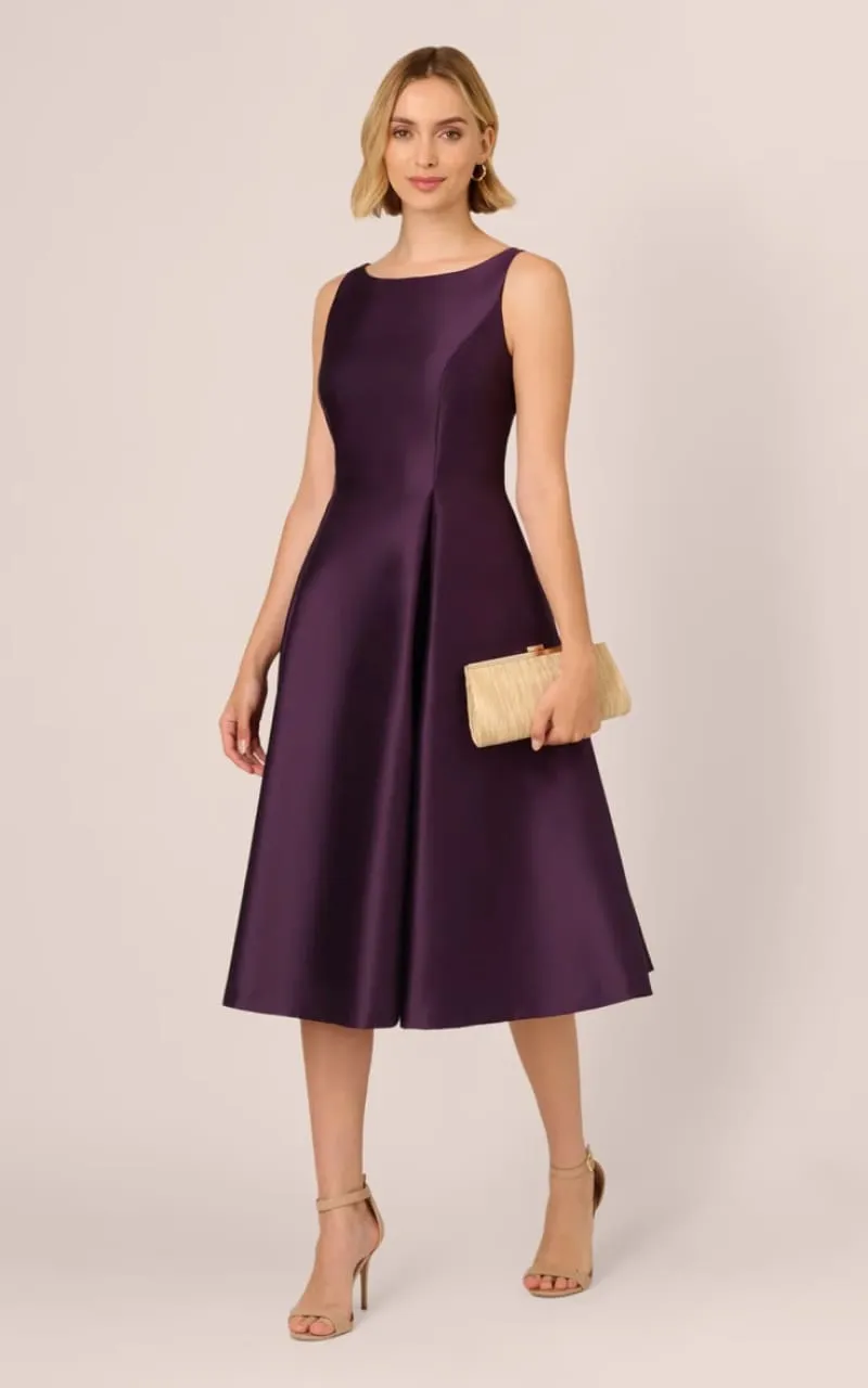 Adrianna Papell- Sleeveless Mikado Fit and Flare Midi Dress in Luxe Plum