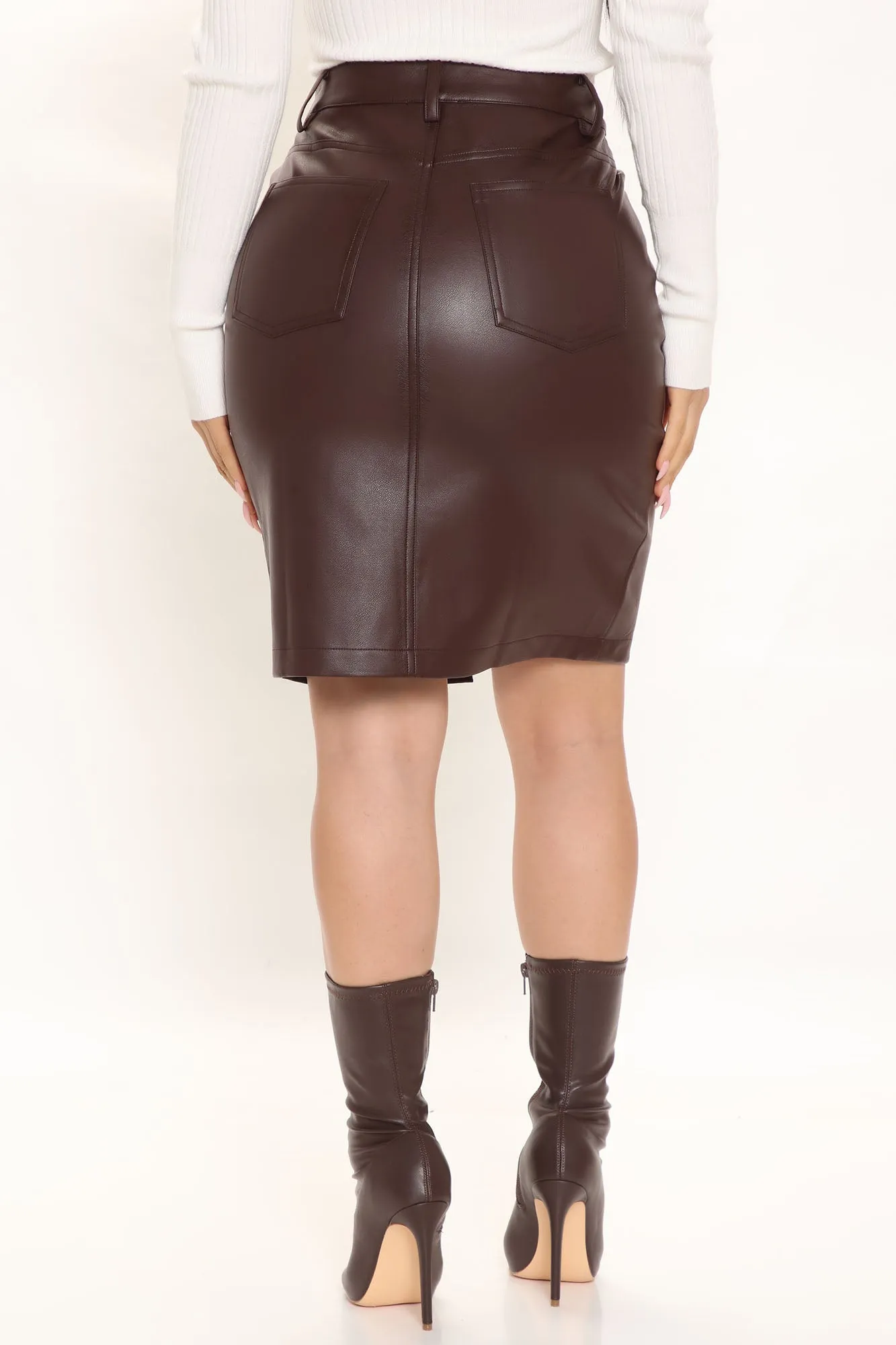 Attention Over Here Faux Leather Midi Skirt - Chocolate