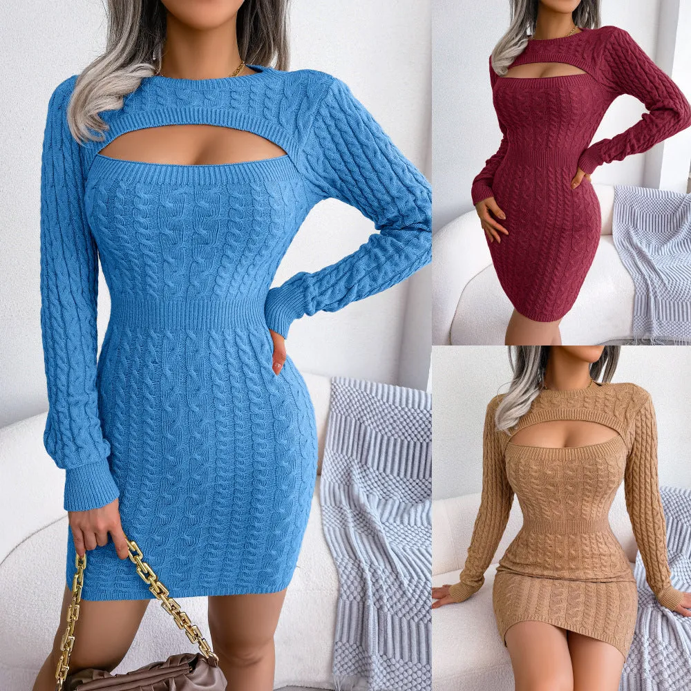 Autumn And Winter Sexy Hollow Twist Waist Bag Hip Skirt Sweater Dress