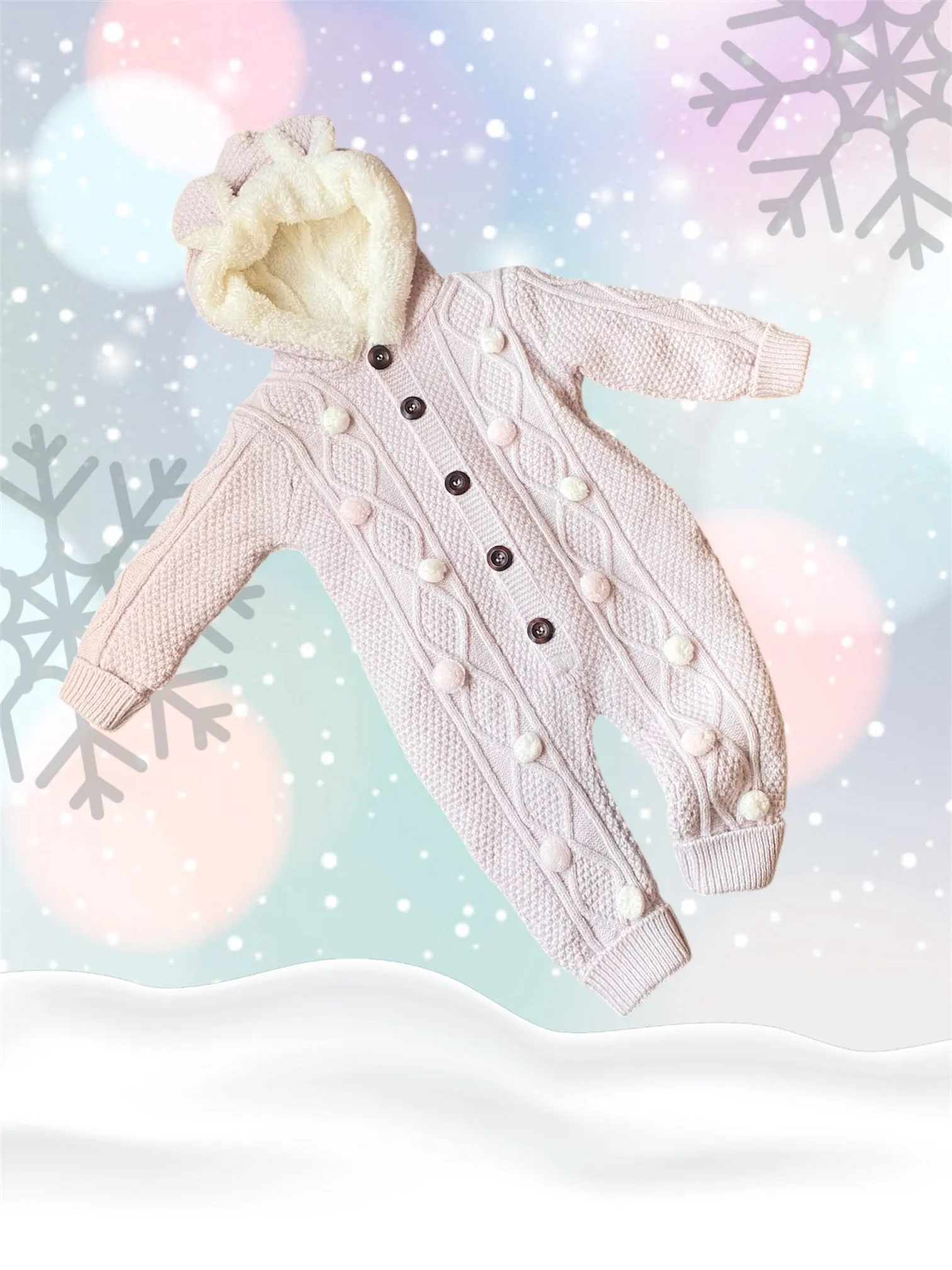 Baby Girls pink Bobble pom snowsuit  Pramsuit