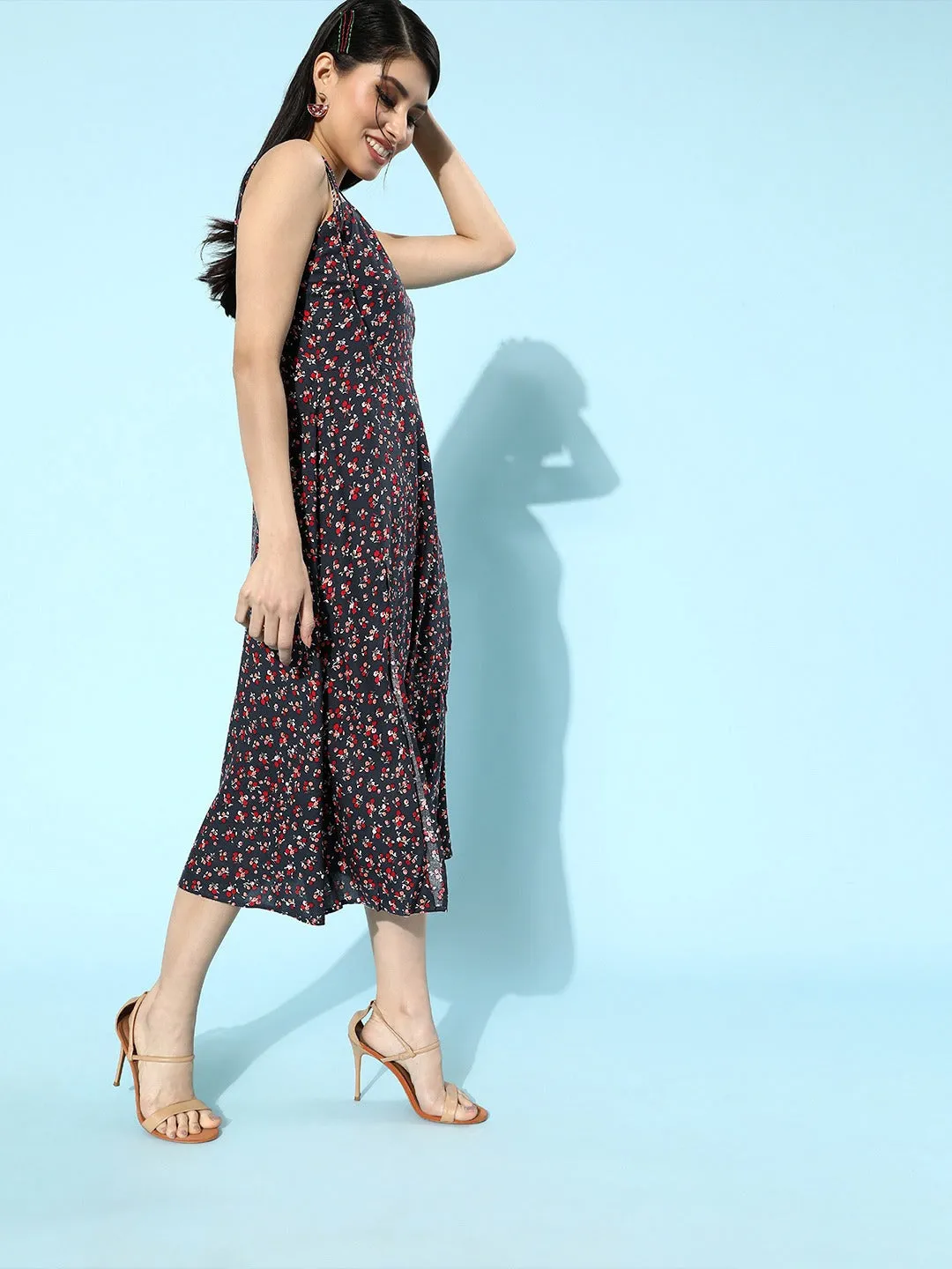Berrylush Women Navy Blue Floral Printed Sweetheart Neck A-Line Midi Dress