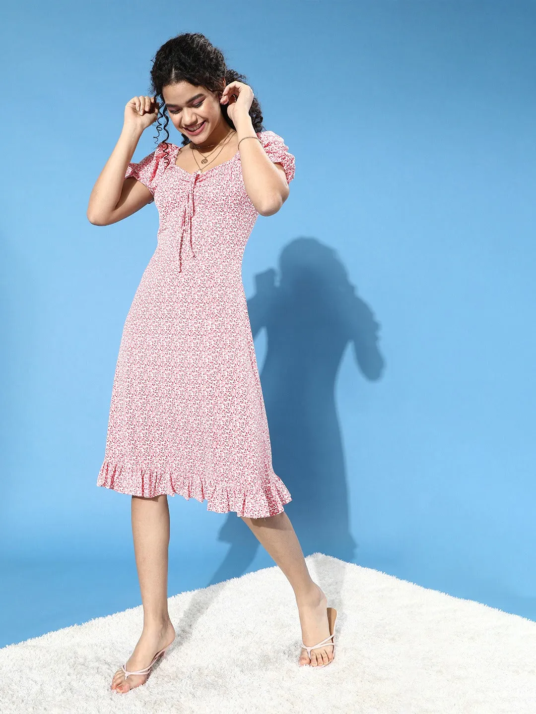 Berrylush Women Pink Floral Printed Crepe Ruffled A-Line Midi Dress