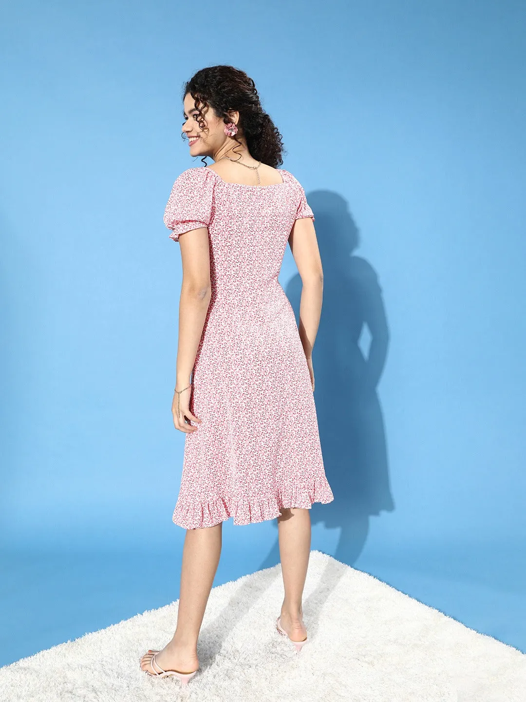 Berrylush Women Pink Floral Printed Crepe Ruffled A-Line Midi Dress