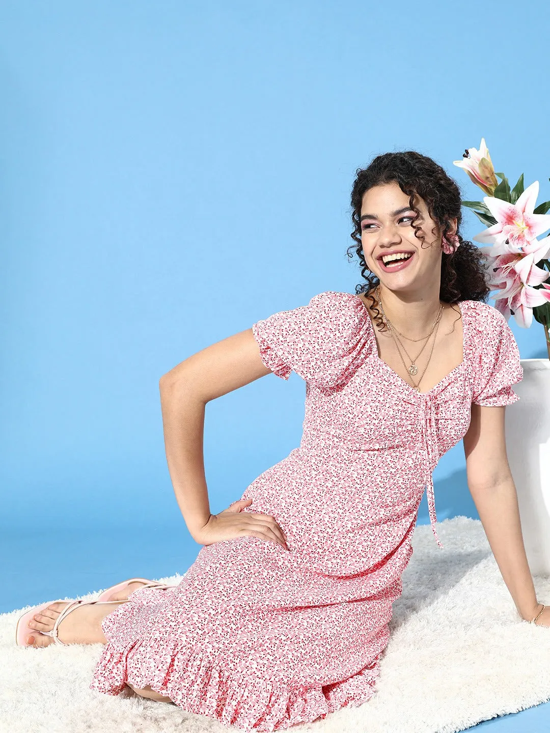Berrylush Women Pink Floral Printed Crepe Ruffled A-Line Midi Dress