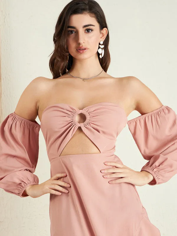 Berrylush Women Solid Light Pink Off-Shoulder Neck Puff Sleeves Cut-Out Asymmetrical Hem A-Line Midi Dress
