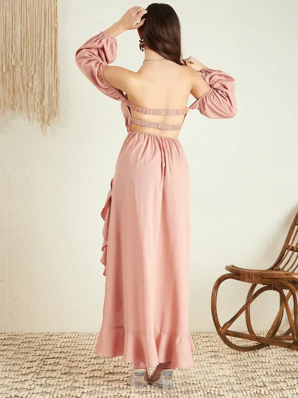 Berrylush Women Solid Light Pink Off-Shoulder Neck Puff Sleeves Cut-Out Asymmetrical Hem A-Line Midi Dress