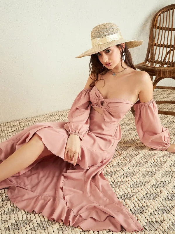 Berrylush Women Solid Light Pink Off-Shoulder Neck Puff Sleeves Cut-Out Asymmetrical Hem A-Line Midi Dress