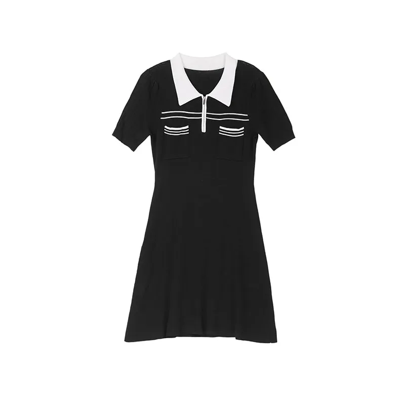 Black Short Sleeve Polo Collar Dress