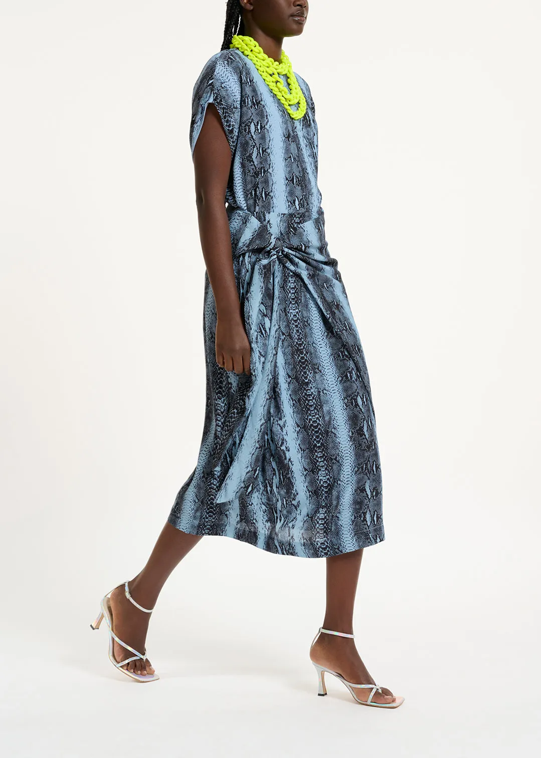 Blue and black snake-print midi skirt