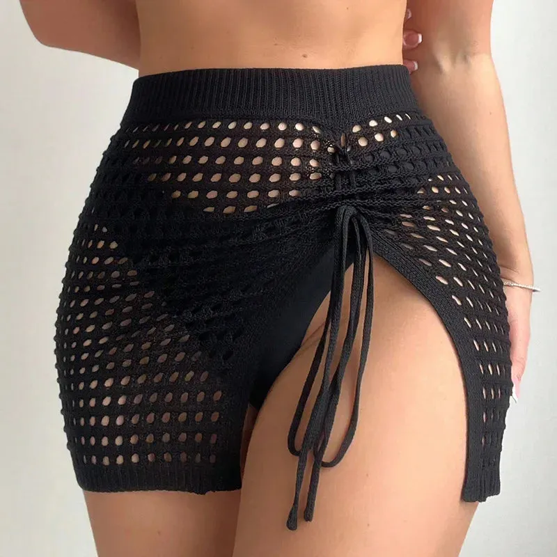 Bonnyshow  Hollow Out Drawstring Knitted Mini Skirt Split Bodycon Sexy Pencil Skirt Women Solid Color High Waist Beach Skirts