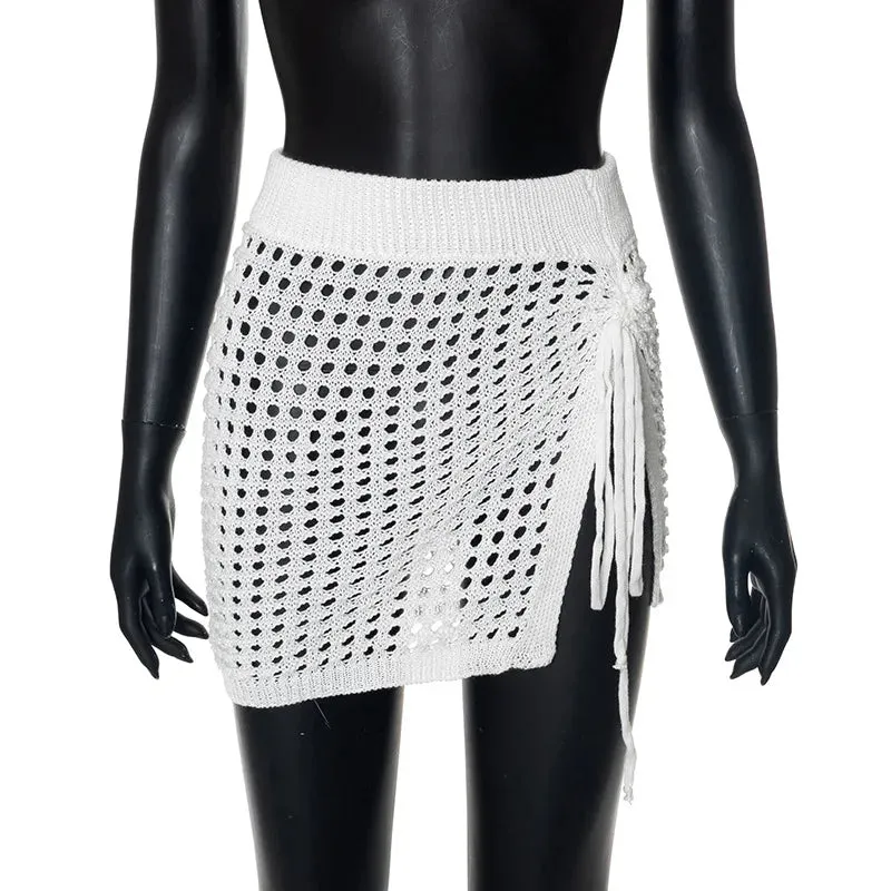 Bonnyshow  Hollow Out Drawstring Knitted Mini Skirt Split Bodycon Sexy Pencil Skirt Women Solid Color High Waist Beach Skirts