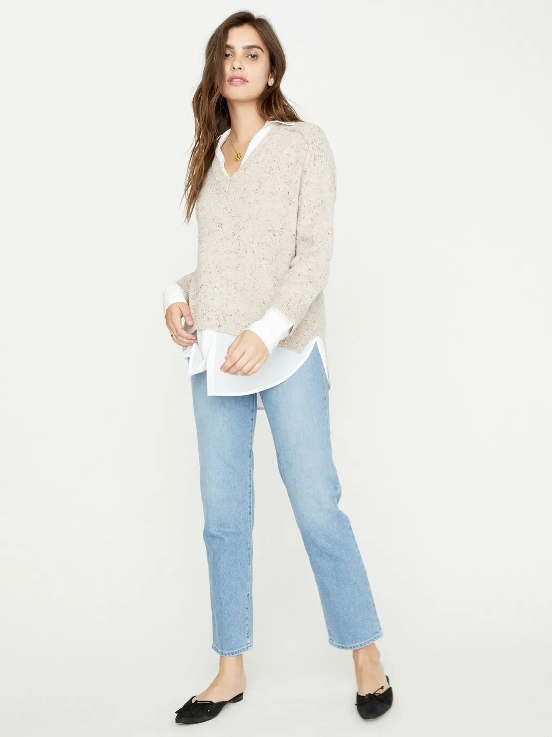 Brochu Walker - V-Neck Layered Pullover in Nude Multi w/ White