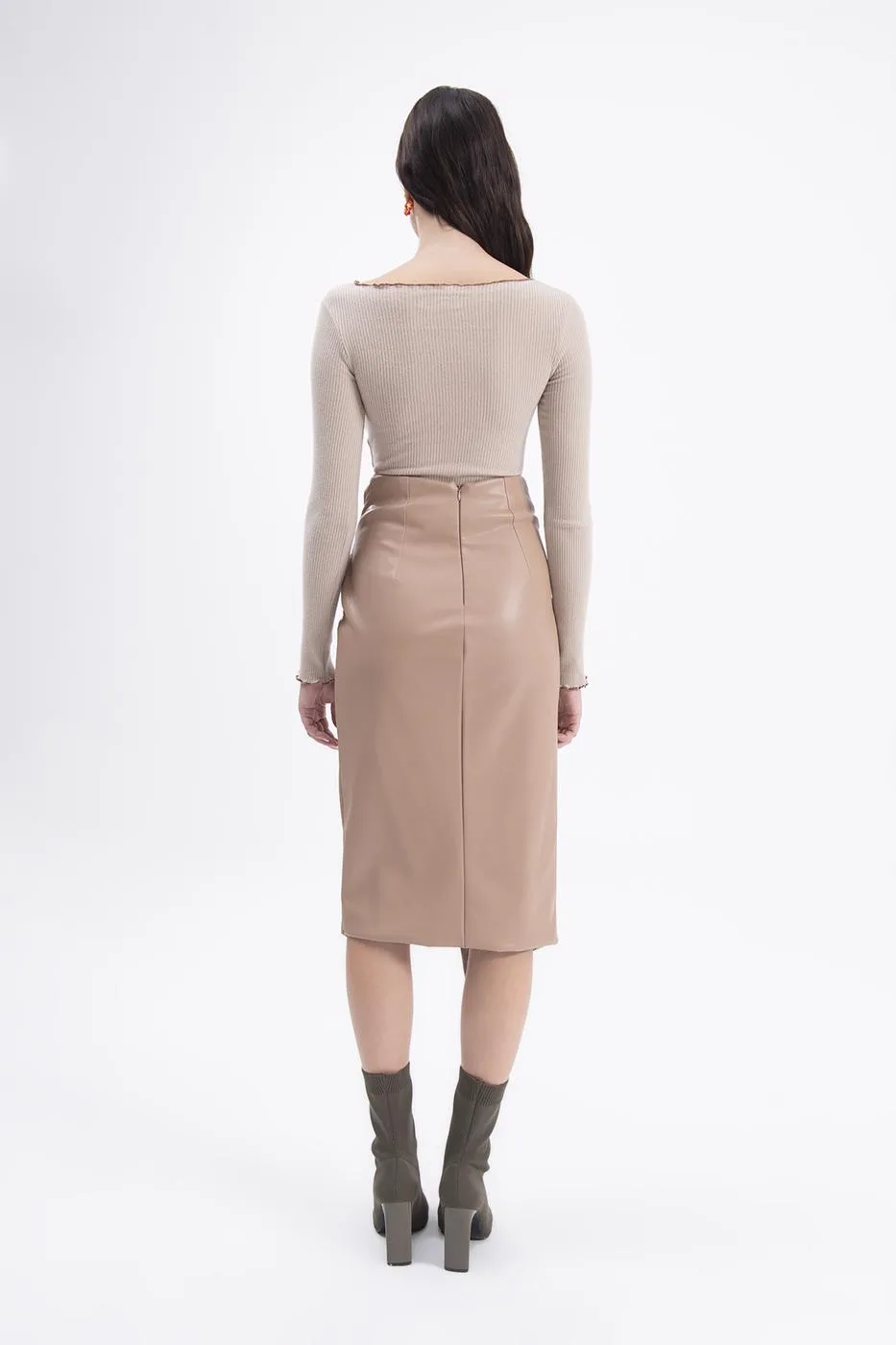 BSL Women Drapped faux leather midi skirt - Greenburgh
