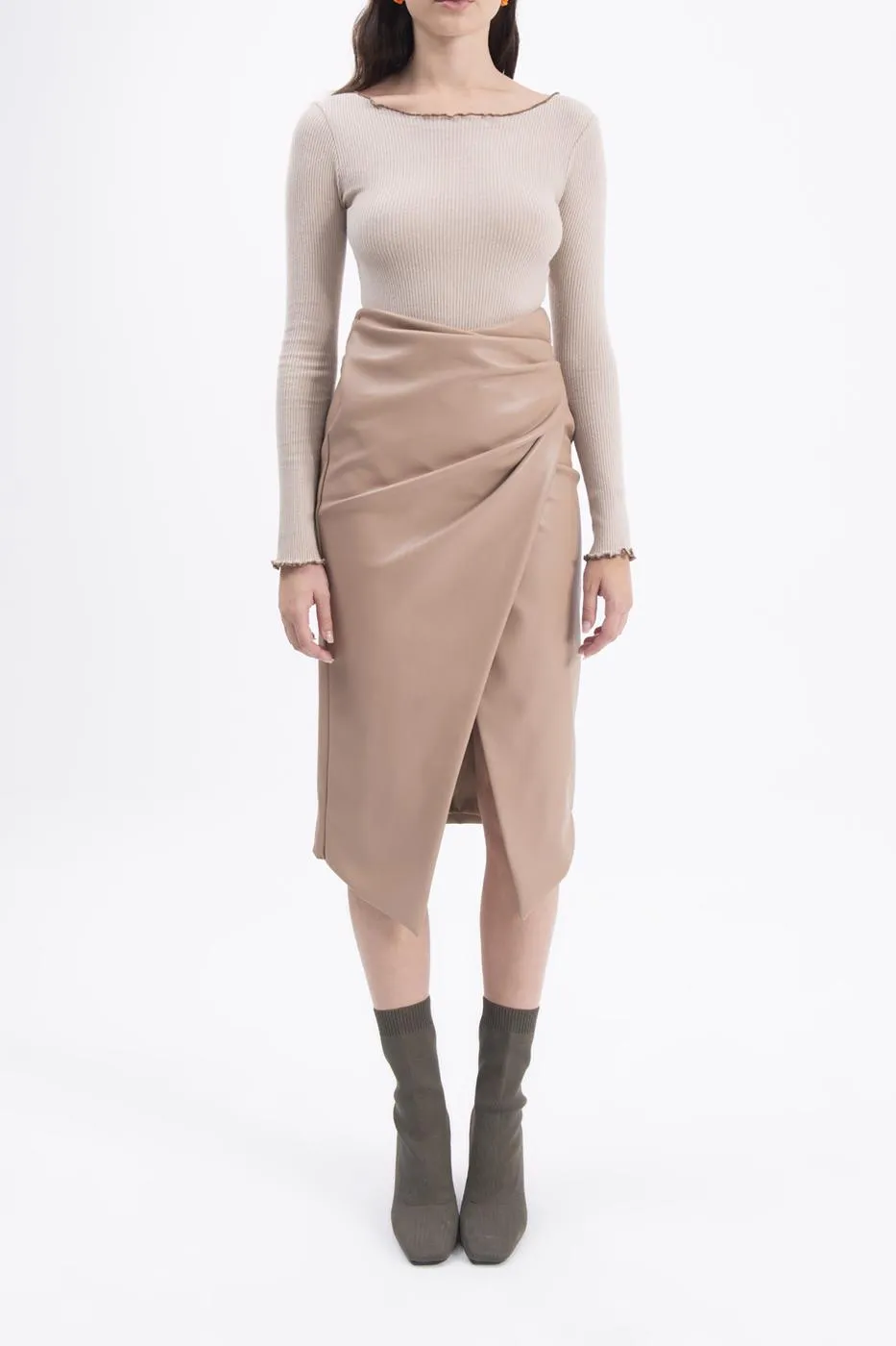 BSL Women Drapped faux leather midi skirt - Greenburgh