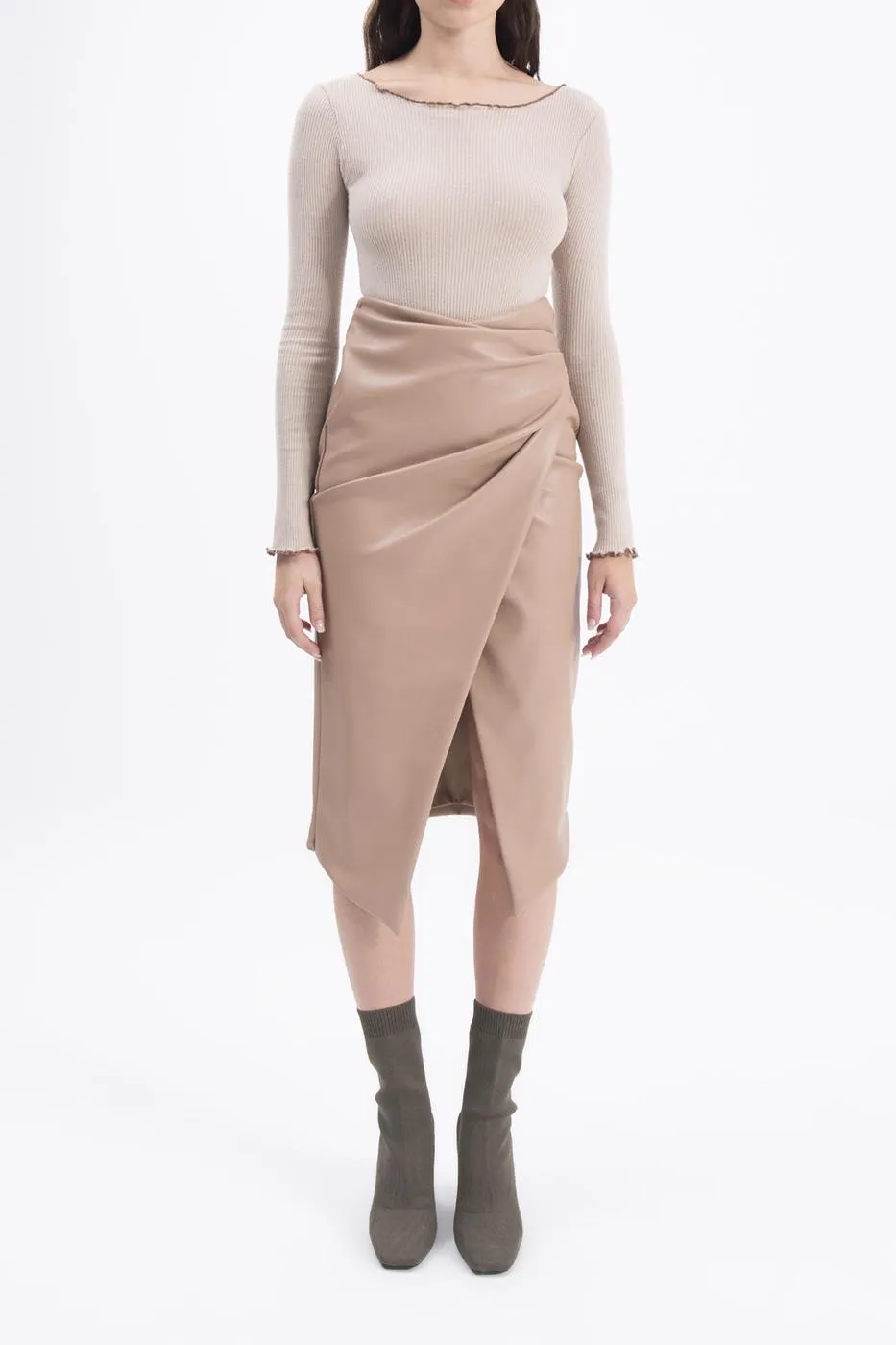 BSL Women Drapped faux leather midi skirt - Greenburgh