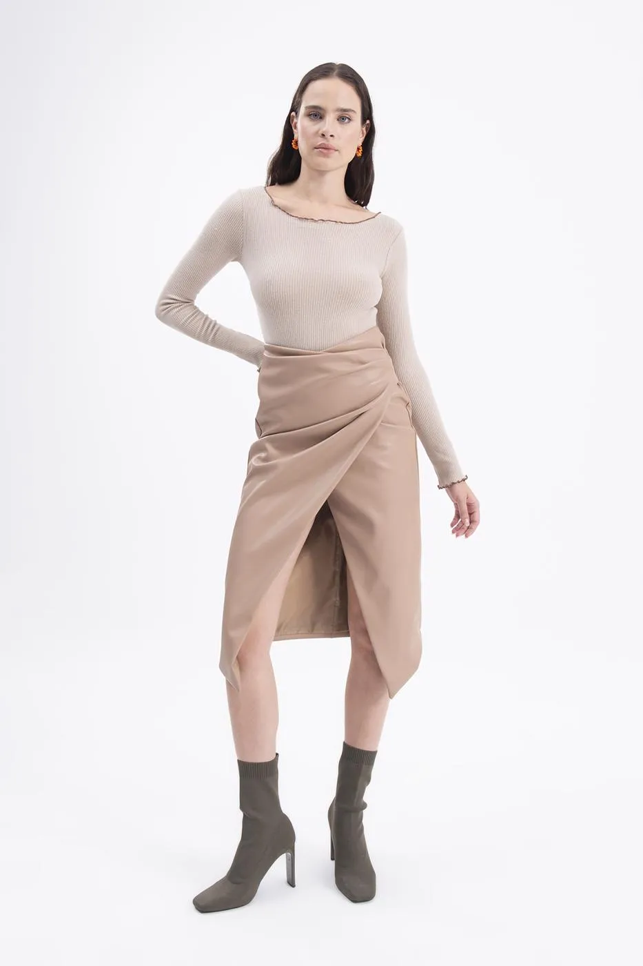 BSL Women Drapped faux leather midi skirt - Greenburgh