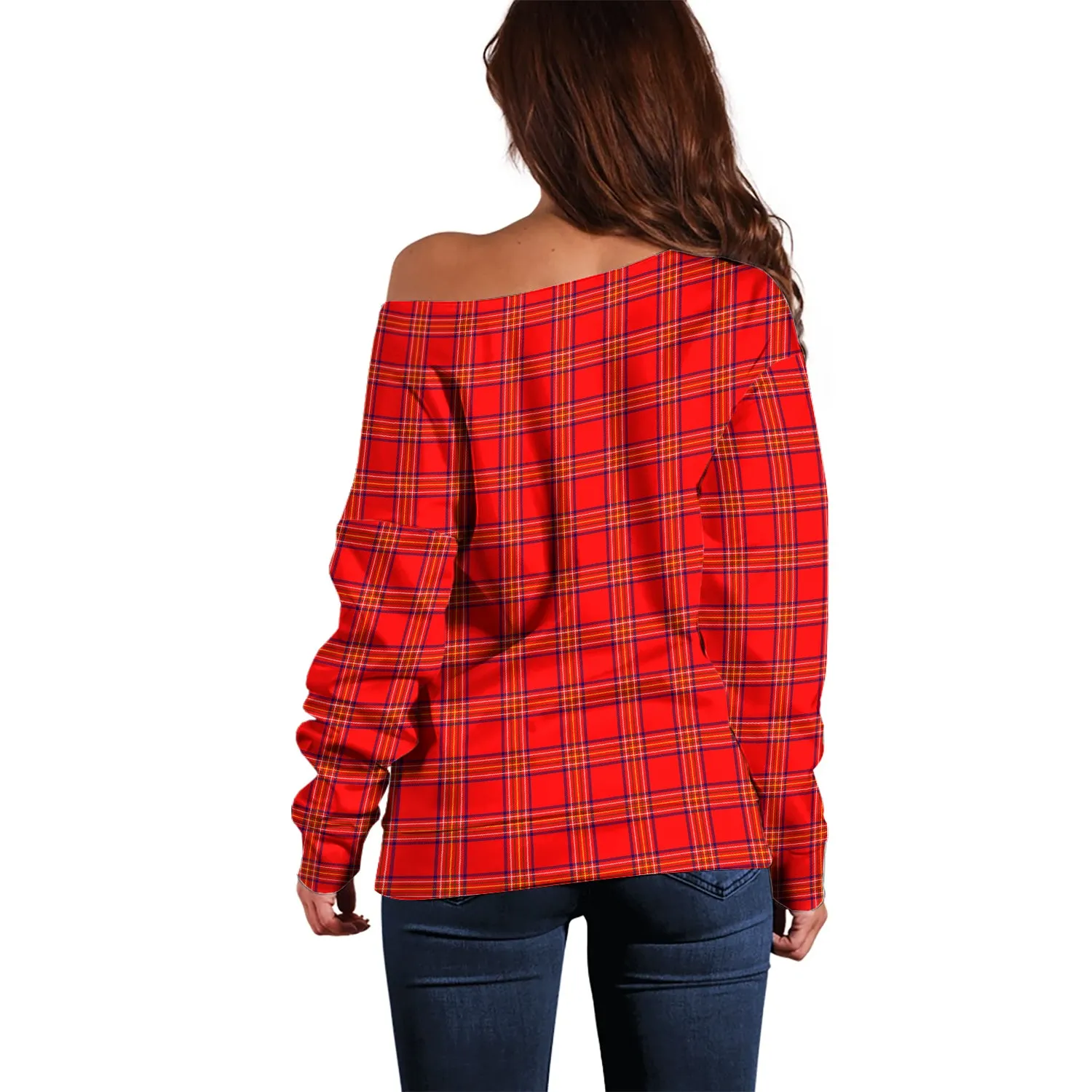 Burnett Modern Tartan Off Shoulder Women Sweater with Family Crest