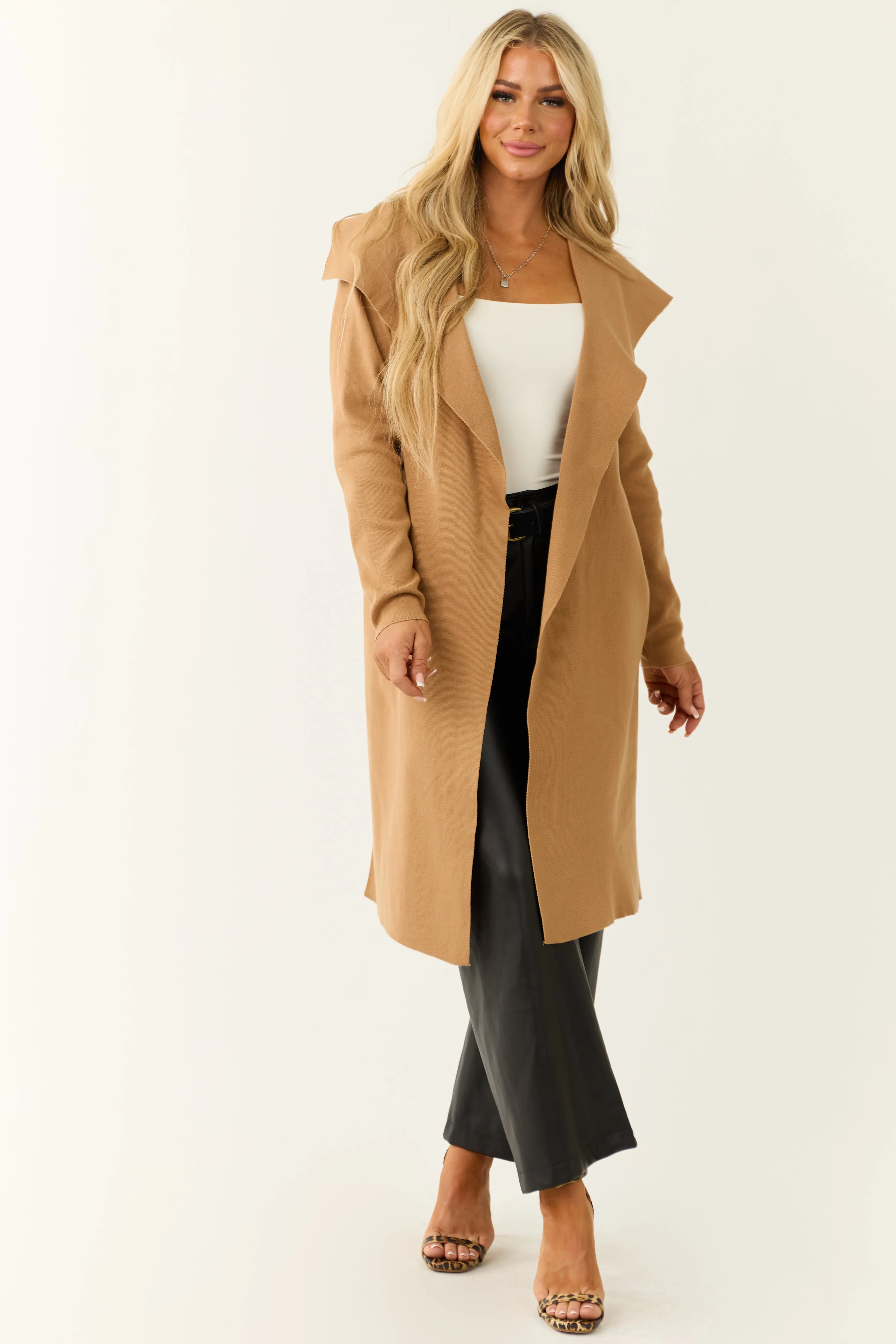 Camel Open Waist Tie Ribbed Knit Sweater Coat