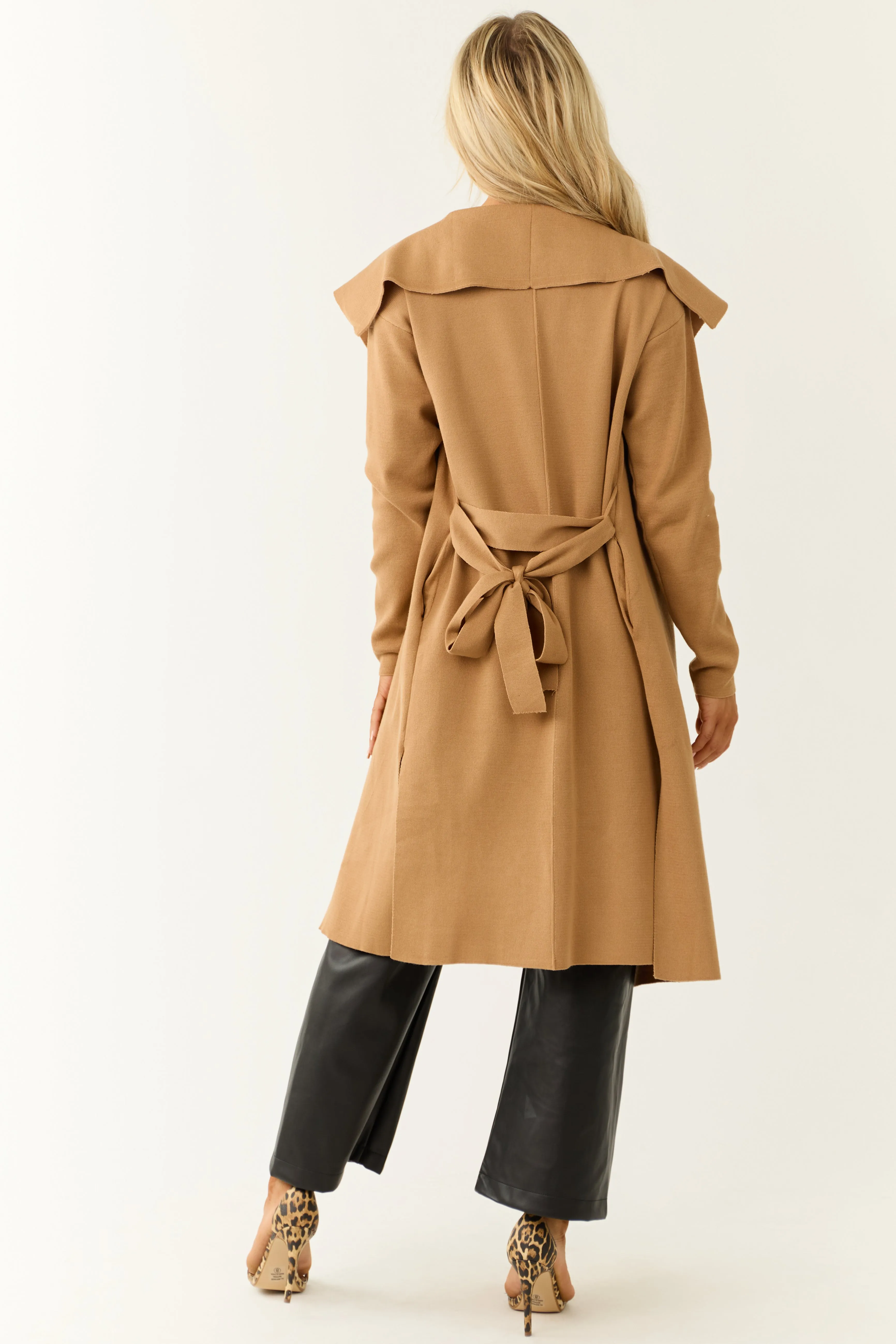 Camel Open Waist Tie Ribbed Knit Sweater Coat