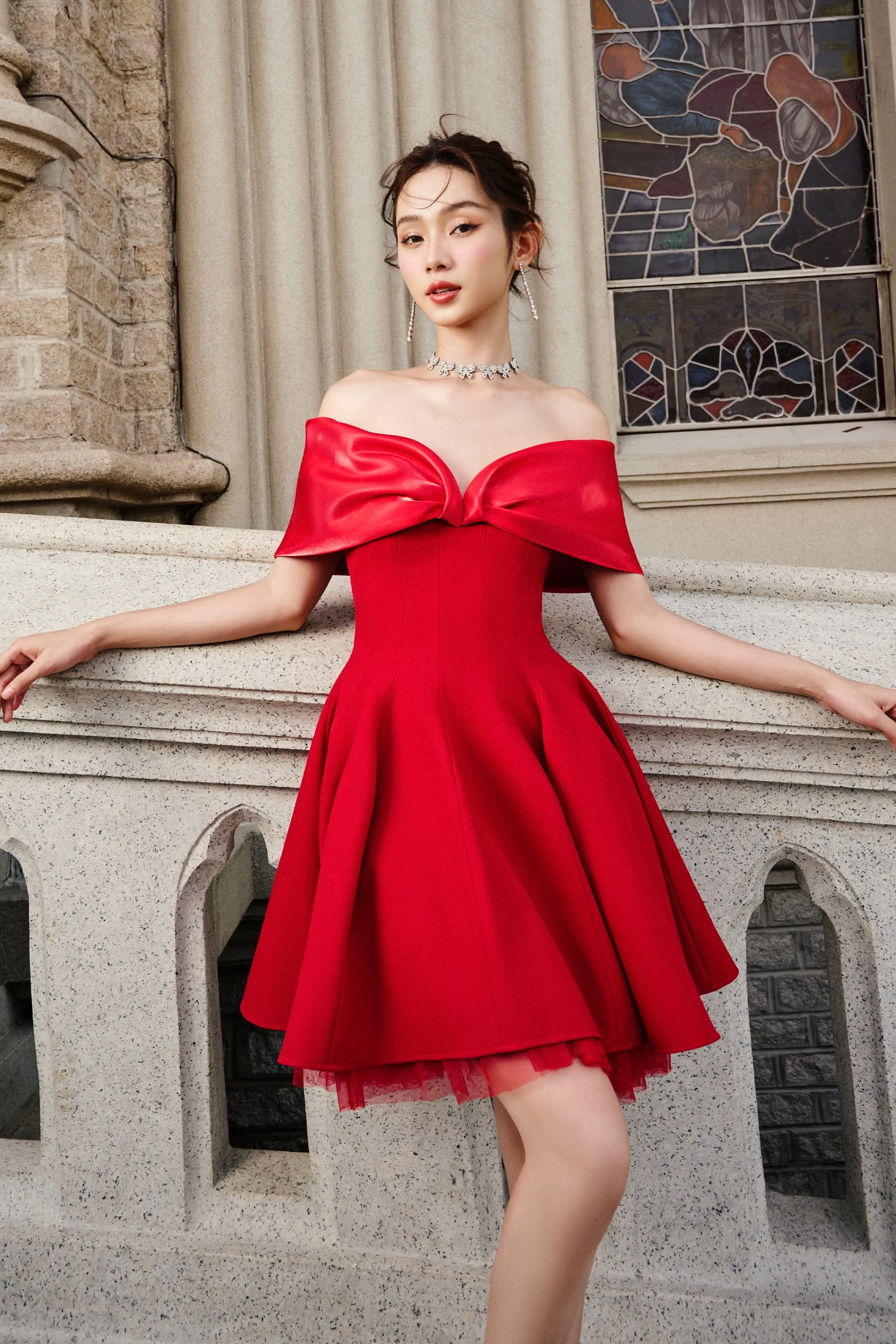 Carina A-line Off-Shoulder Duchess Satin Midi Dress