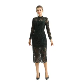 D088 Women two-tone floral lace mock neck long sleeve slim fit midi party dress