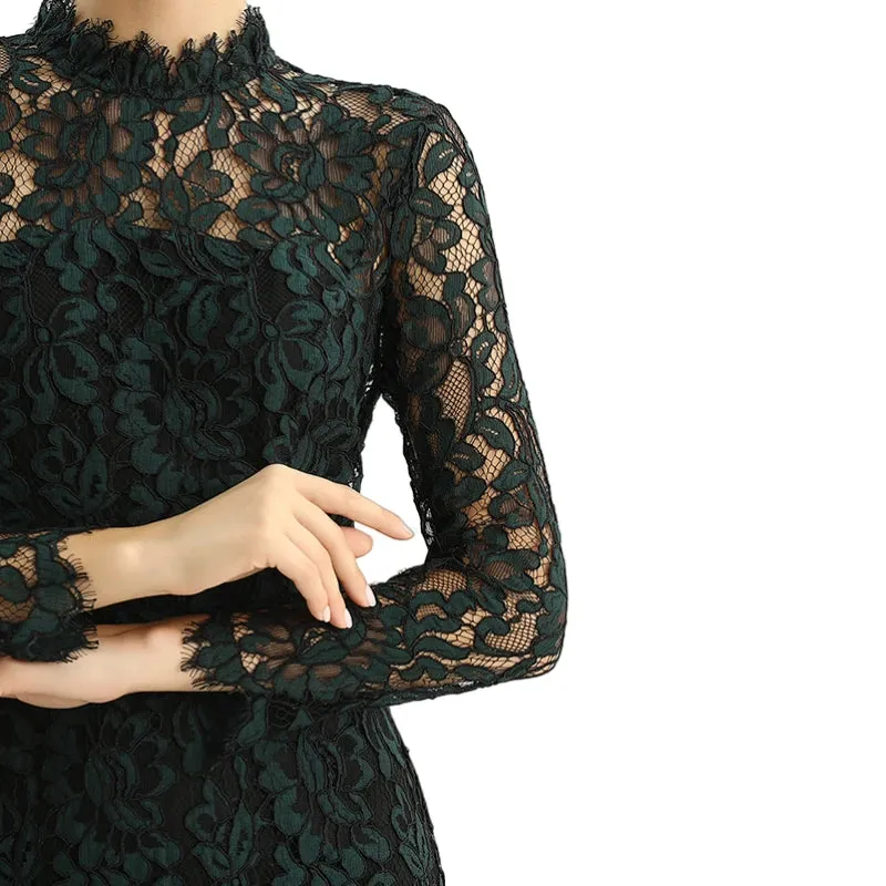 D088 Women two-tone floral lace mock neck long sleeve slim fit midi party dress