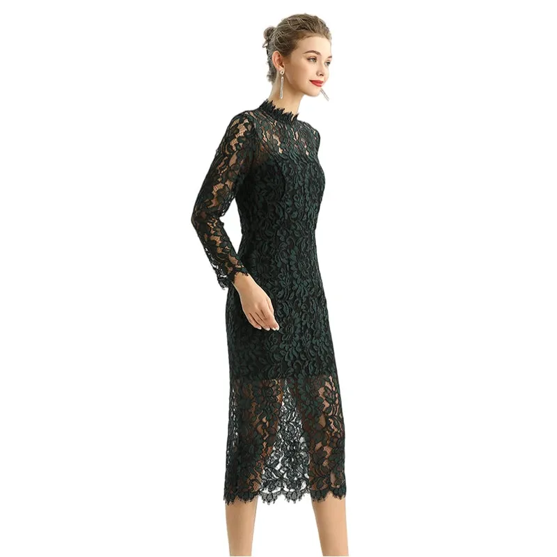 D088 Women two-tone floral lace mock neck long sleeve slim fit midi party dress