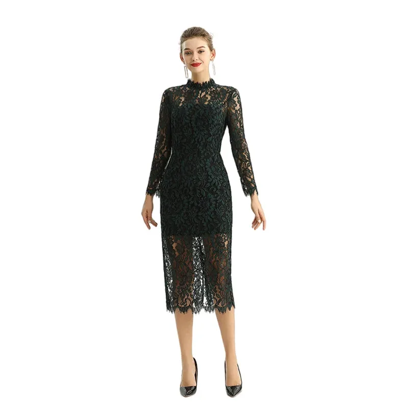 D088 Women two-tone floral lace mock neck long sleeve slim fit midi party dress