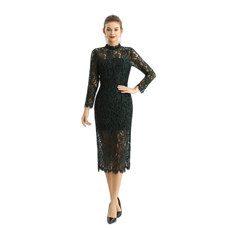 D088 Women two-tone floral lace mock neck long sleeve slim fit midi party dress