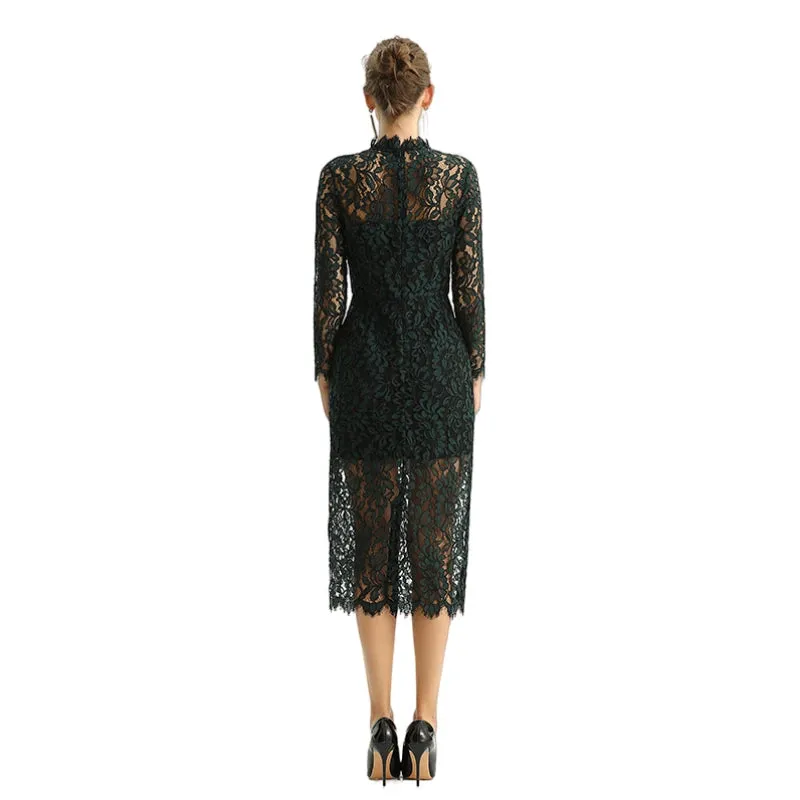 D088 Women two-tone floral lace mock neck long sleeve slim fit midi party dress