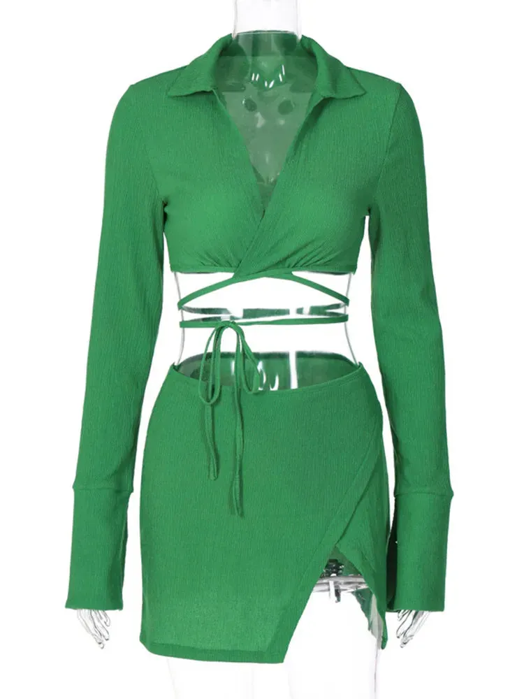 Elegant Women's Long Sleeve Lapel Bandage Solid Color Party Mini Dress Suit