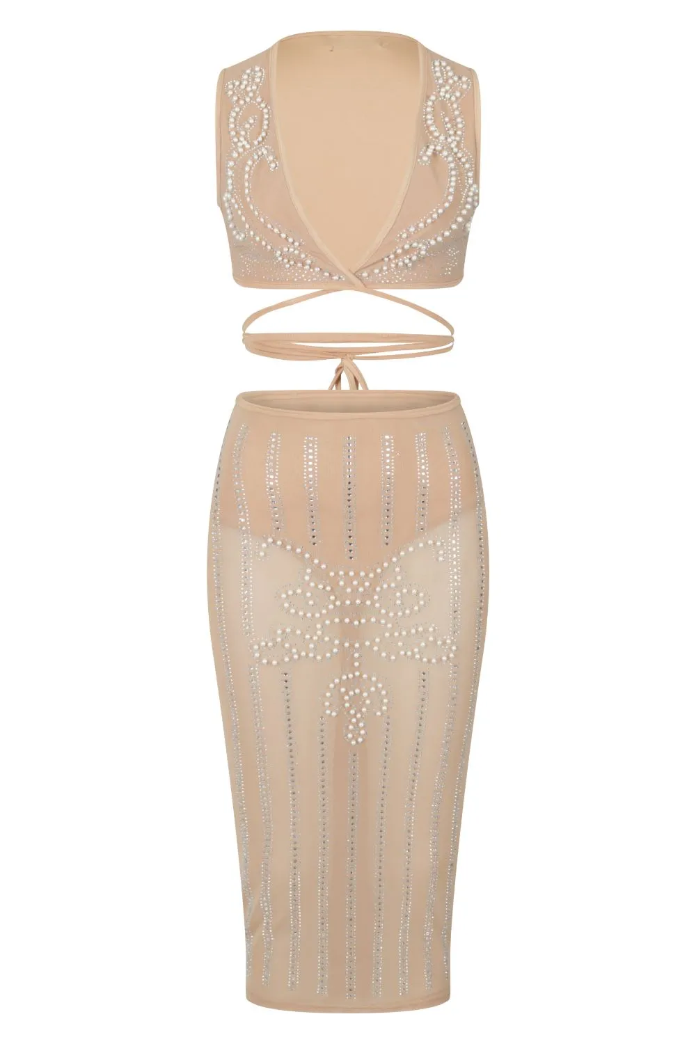 Empress Nude Sheer Rhinestone Pearls Two Piece Midi Skirt Top Co Ord Set