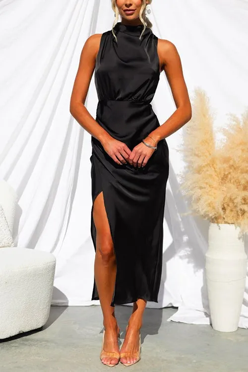 Febedress Turtleneck Sleeveless Waisted Slit Midi Satin Dress