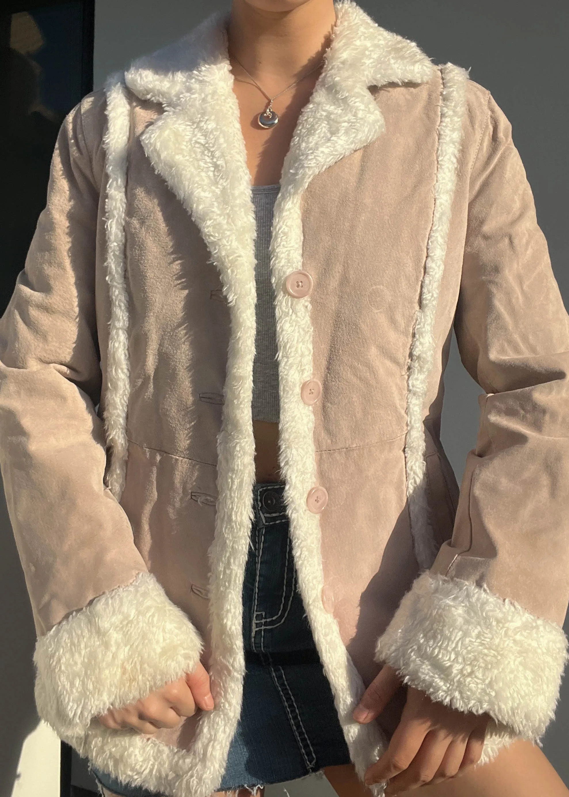 Fuzzy Trim Suede Coat (S-S/M)