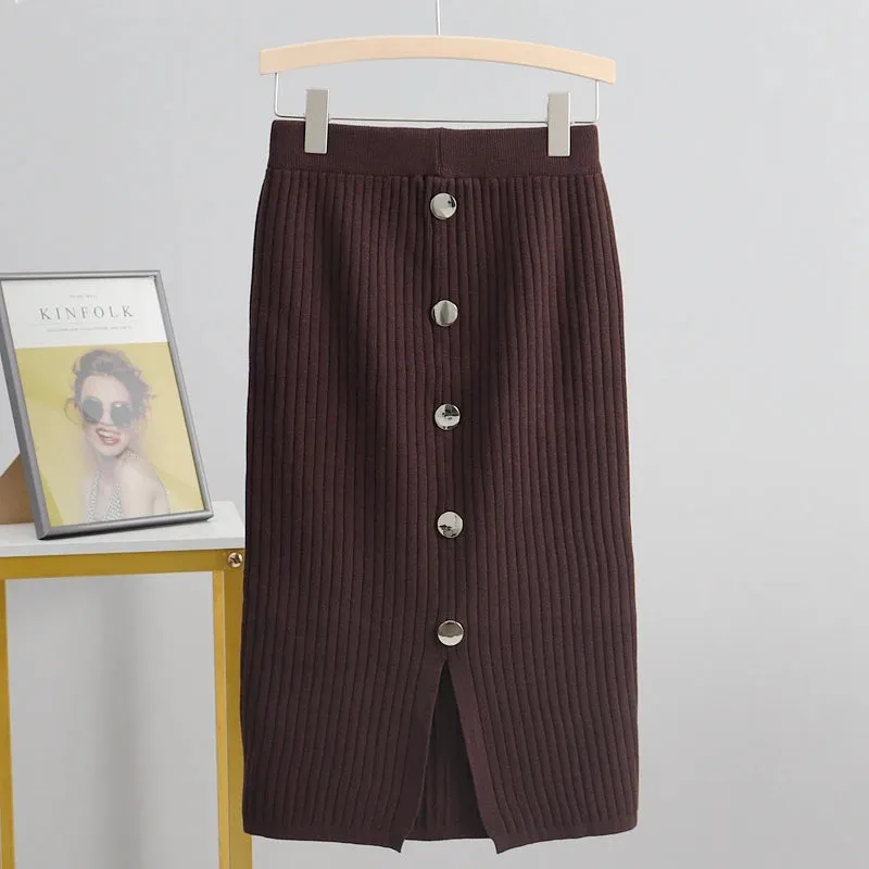 GIGOGOU Women Knitted Skirt Spring Autun Button Sexy Slim Bodycon Skirts Elastic High Waist Pencil Skirt Ribbed Long MIDI Skirt