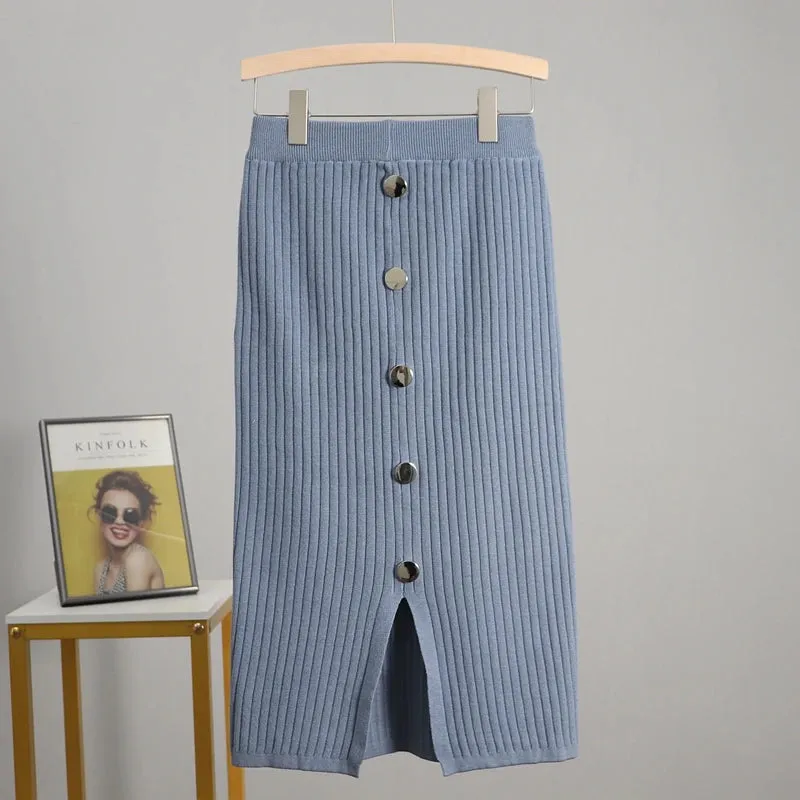GIGOGOU Women Knitted Skirt Spring Autun Button Sexy Slim Bodycon Skirts Elastic High Waist Pencil Skirt Ribbed Long MIDI Skirt