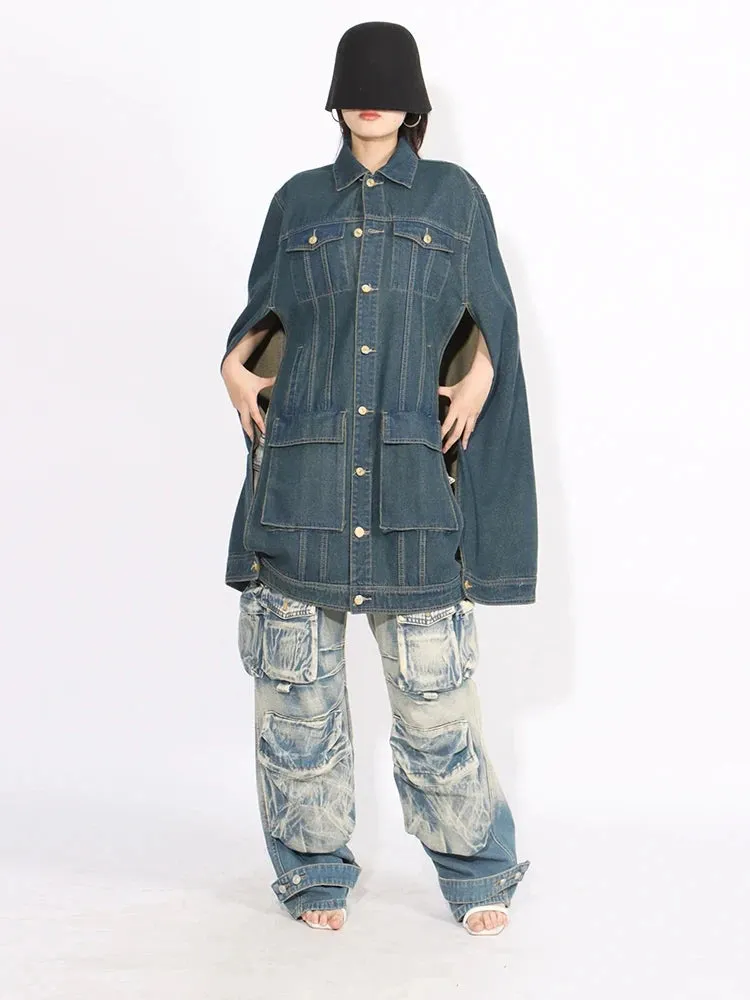 HEYFANCYSTYLE Denim Batwing Sleeve Cape Coat