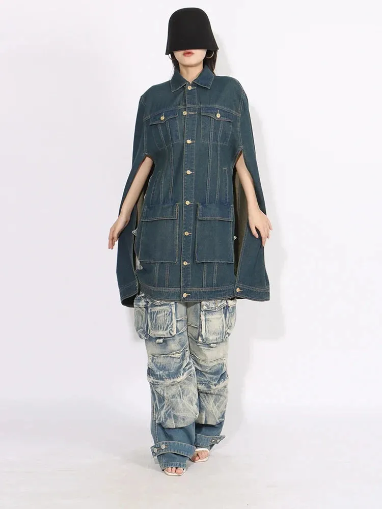 HEYFANCYSTYLE Denim Batwing Sleeve Cape Coat