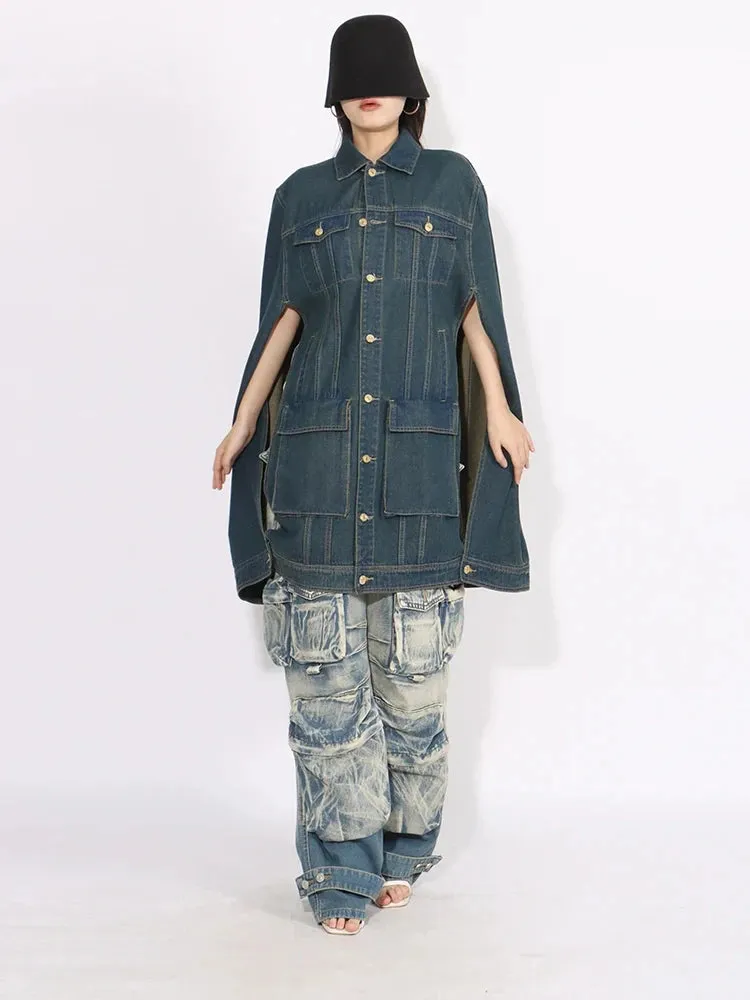 HEYFANCYSTYLE Denim Batwing Sleeve Cape Coat